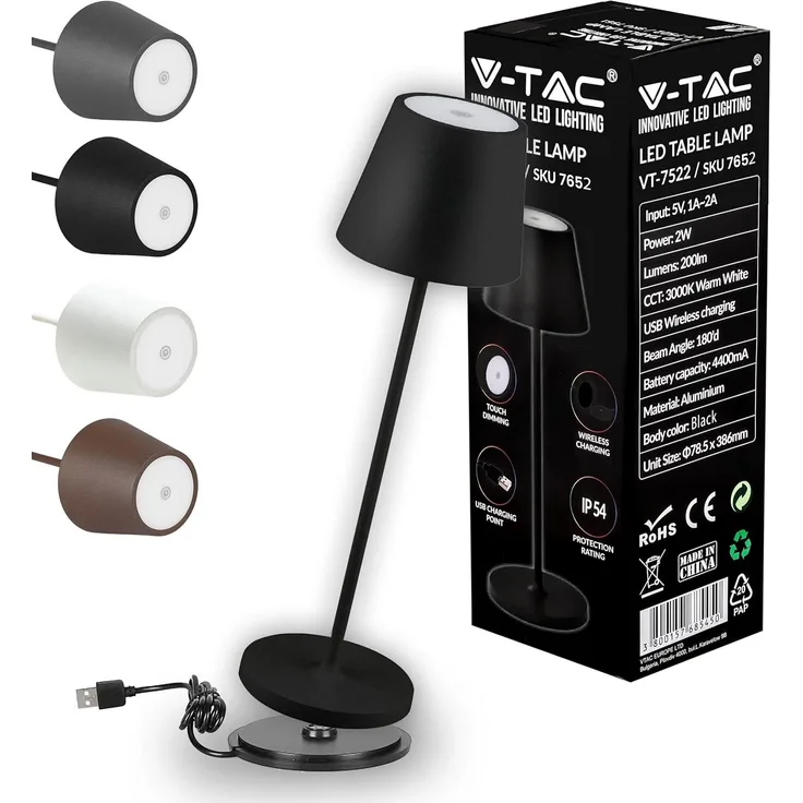 V-TAC Dimmbare LED Tischlampe Kabellos mit Touch-Bedienung - Wiederaufladbar Schwarz Lampe für den Innen und Draußen - Außenbereich IP54 - Hause Restaurant - 4400-mAh-Akku - Warmweiß 3000K