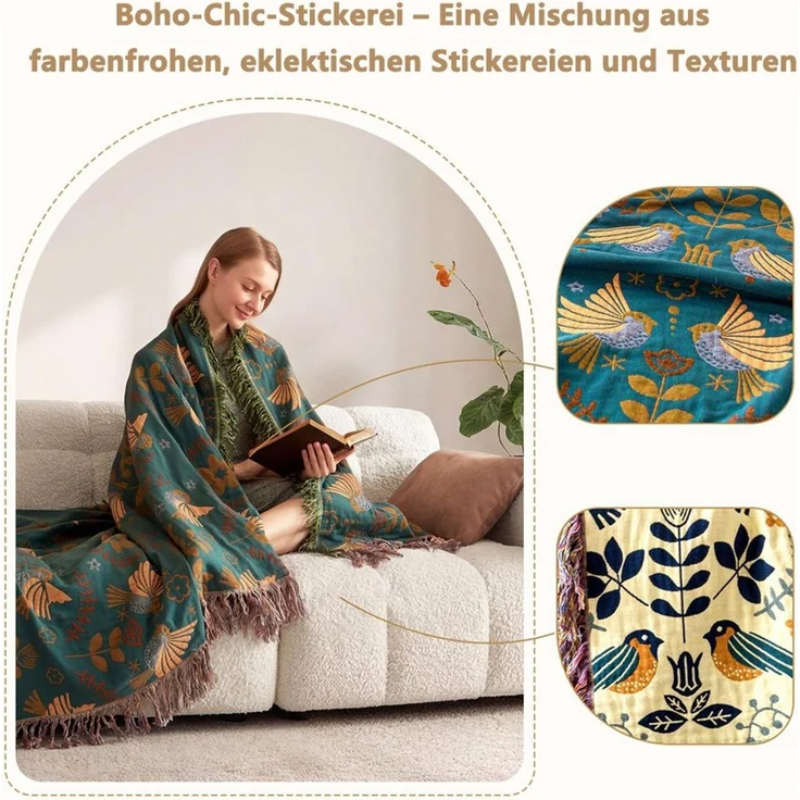 Diwzbyn Tagesdecke Boho Tagesdecke, Weiche Sommerdecke mit Vogel- & Blumenstickerei, Leichte Ganzjahresdecke für Bett, Sofa, Couch & Stuhl, Atmungsaktiv – Bild 3