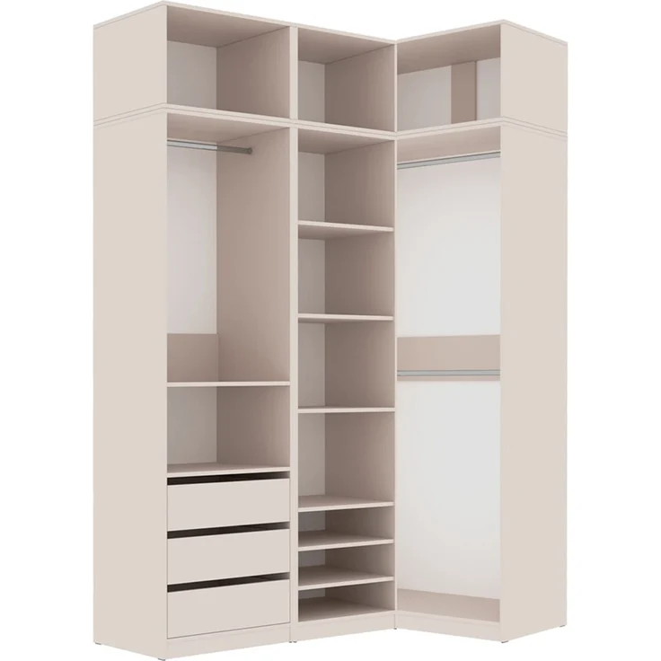 Marmex Möbel Tres Set-J/N Einbauschrank über Eck, Begehbarer Kleiderschrank offen mit Aufsatz, Ankleidezimmer Möbel mit Regalen und Kleiderstangen, laminierte Spanplatte, graubeige cashmere 101/150x246x51 cm – Bild 10