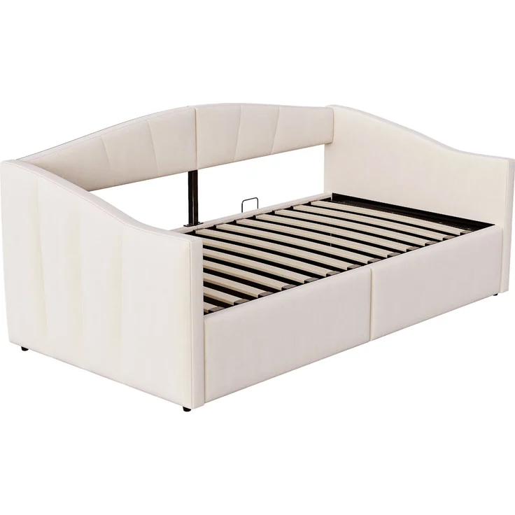 Polsterbett Schlafsofa, Samt mit Stauraum & Lattenrost, 90x200 cm, Beige, ohne Matratze – Bild 4