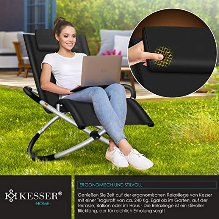 KESSER® Relaxliege Liegestuhl | Gartenliege Sonnenliege | Gartenstuhl | Klappstuhl faltbar | Schwungliege | Schaukelsessel | ergonomische Relaxsessel | wetterfest | 180 kg Belastung Schwarz – Bild 5