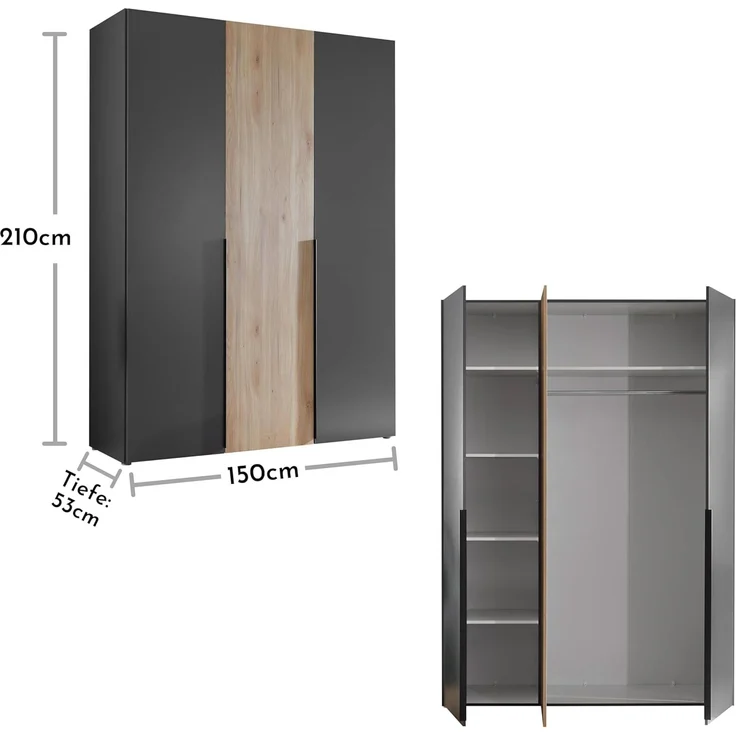 Stella Trading ASKA Kleiderschrank in Graphit, Mauvella Eiche Optik - Vielseitiger Drehtürenschrank 3-türig für Ihr Schlafzimmer - 150 x 210 x 53 cm (B/H/T) – Bild 3