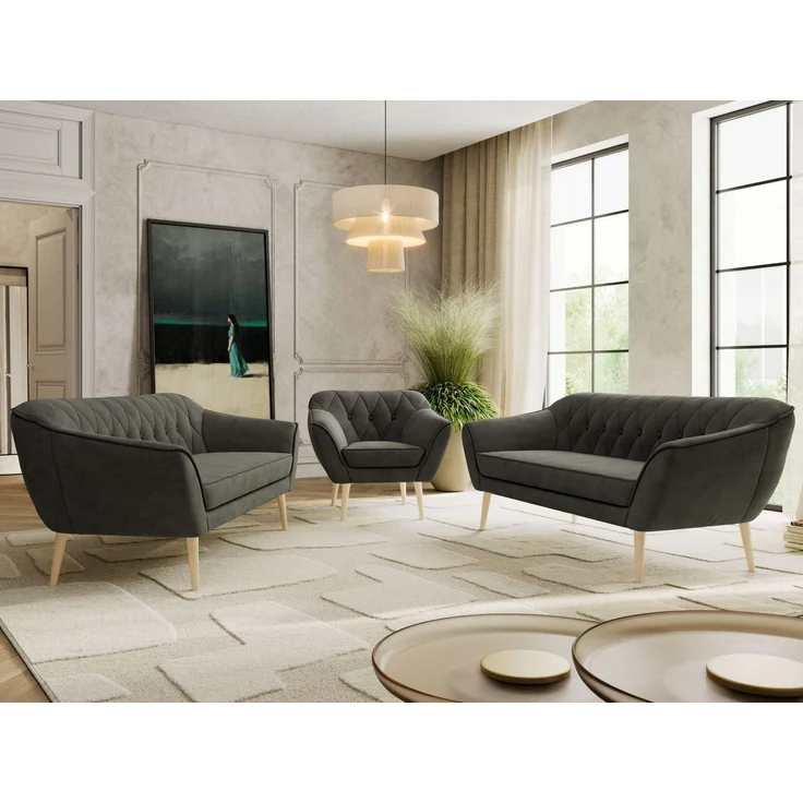 Wohnzimmerset, Möbelset PIRS 3-3-1, Armlehnen, Wellenfederung, Buche Füße, Dreisitzer Sofas mit Sessel, Polstermöbel Set - Dunkelgrau Velvet – Bild 1