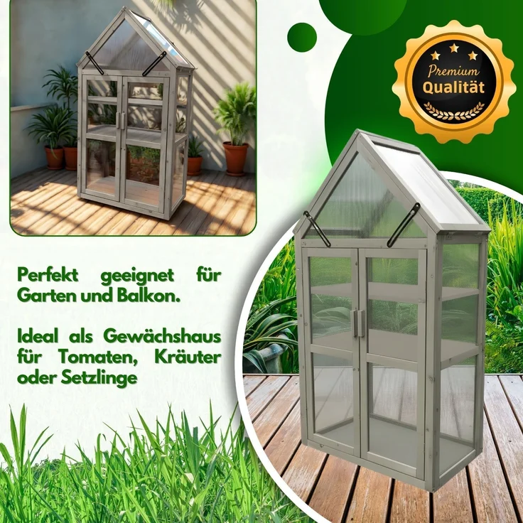 Coemo Gewächshaus Grau Jan mit aufklappbaren Türen und Dach 70 x 41 x 132 cm – Bild 5