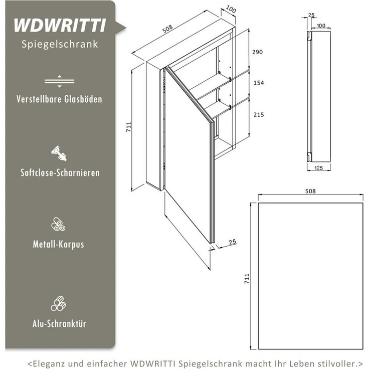 WDWRITTI Spiegelschrank Alu Metall Badezimmerspiegelschrank 1 türig Eckig (Hängeschrank Badschrank Schwarz, 50,8 x 12,5 x 71,1 cm) vormontiert geliefert, Wandbohrungen – Bild 3