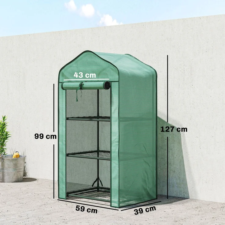 Wohnora-Gartengewächshaus mit 3 Regalböden, Balkongewächshaus, verstärkte PE-Plane, Stahlrahmen, 59 x 39 x 127 cm, grün,H 1270cm x T 630cm x B 390cm – Bild 4