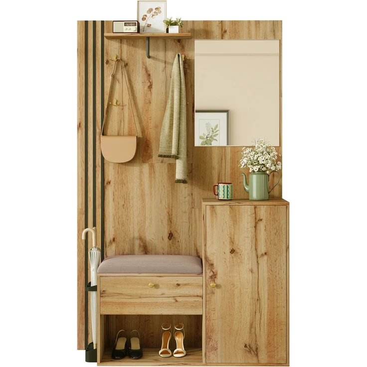 Garderobenset, Kompaktgarderobe, Flurgarderobe mit Spiegel und Kissen, mit schwarzer Zierleiste und Schirmablage, Wohnwand, Regal, Flur- und Dielengarderobe, Schuhschrank, (B x H x T): 115 x 185 x 37--Natürlich--93.35x50.8x21.84cm--YOUDENOVA – Bild 1