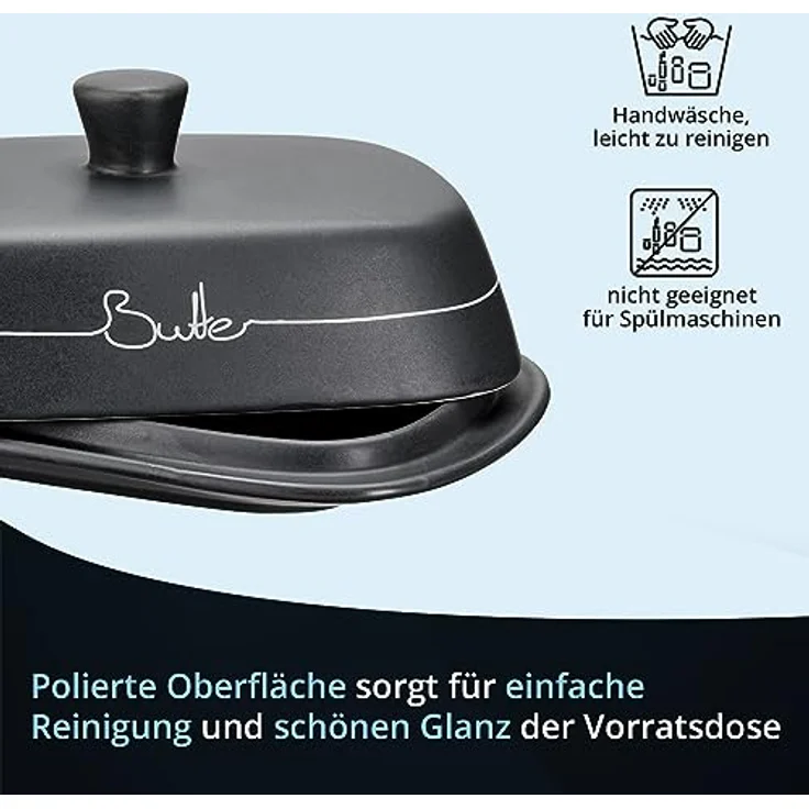 KHG Butterdose Anthrazit Grau Keramik Steingut poliert mit Griff für 250g Butter, Butter Box mit Beschriftung, Butter Behälter zur Aufbewahrung, mit Deckel-Griff – Bild 8