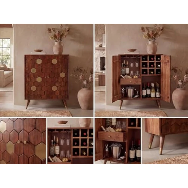Barschrank Akazie Massivholz 75x96 cm Bar Möbel mit Waben Muster - Design Hausbar mit Türen - Weinschrank mit Glashalter - Getränkeschrank - Holz Bar Wohnzimmer Handmade – Bild 6