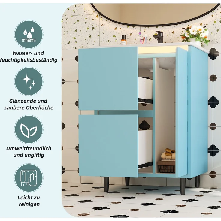 61*46.5*87cm, freistehender Badezimmerwaschtisch, komplett lackierte Oberfläche, integriertes Keramikbecken, Soft-Close-Scharniere, zwei Schubladen, hohes Fußdesign, blau. – Bild 8