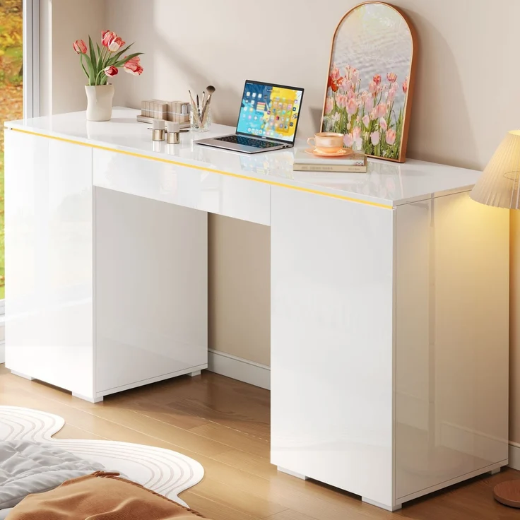 ZUBALIYA 140x50cm großer Schreibtisch in Hochglanz, mit LED-Beleuchtung, 1 Schublade und 2 Türen, moderner Computertisch mit extra großer Arbeitsfläche, Schminktisch mit Stauraum, in Weiß-Hochglanz – Bild 5