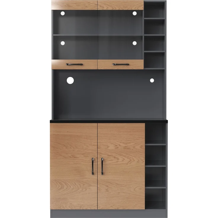 100x47x187cm, Küchenschrank, Buffet mit LED-Ambiente-Beleuchtung und Kabellöchern, Küchen-Highboard aus Holz, großer Platz für Mikrowelle, freistehend, höhenverstellbare seitliche Ablagefächer – Bild 10
