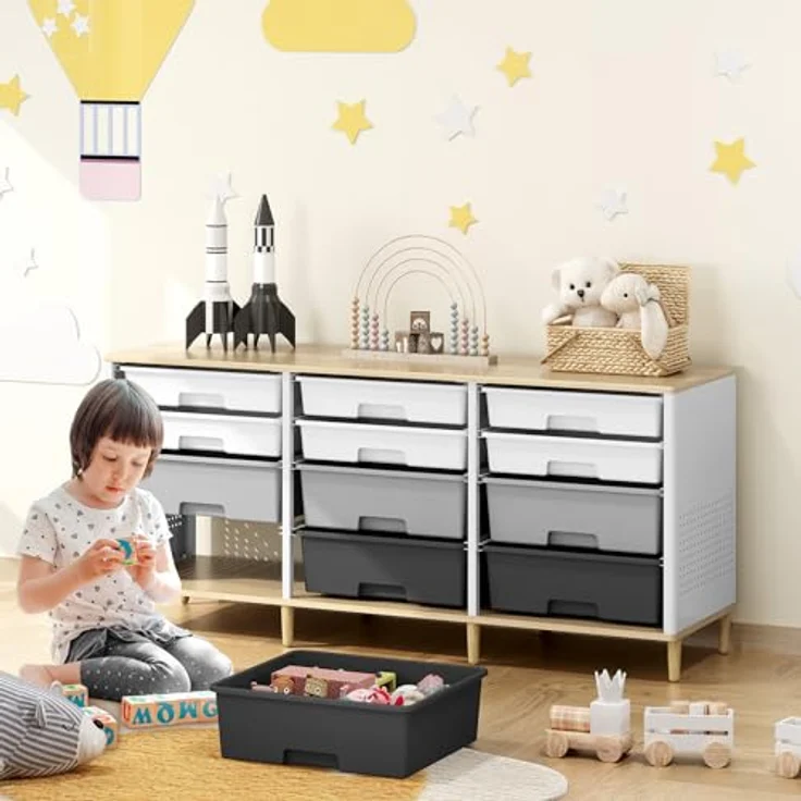 KINGRACK 12 Kommode – Mit Einer Tischplatte aus Holz Multifunktionaler Komodenschrank für Zuhause & Büro, Platzsparendes Design, Einfache Montage (Grau) – Bild 3