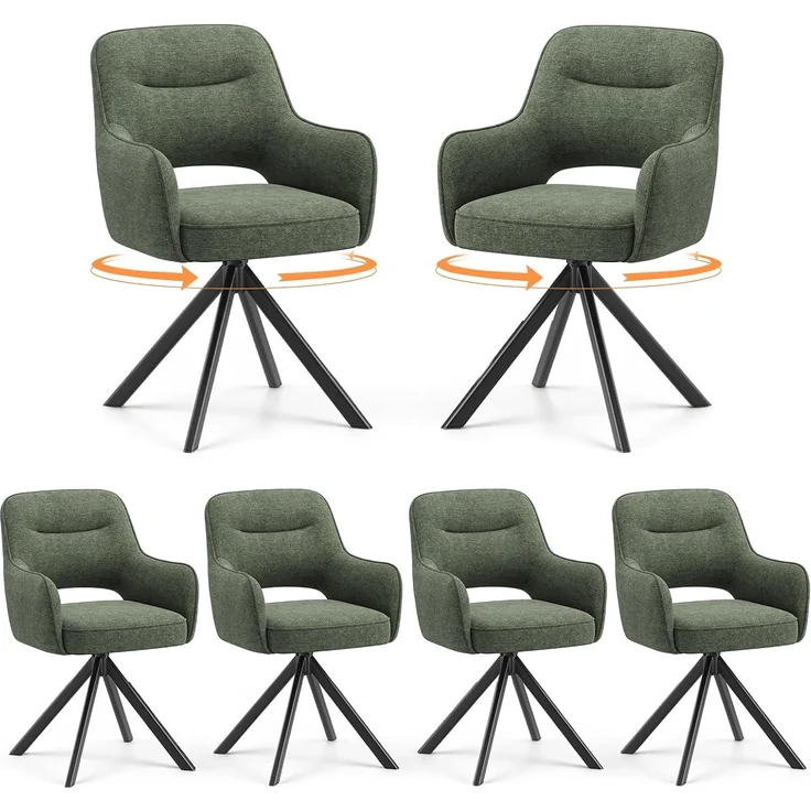 COLAMY Drehbare Esszimmerstühle 6er Set mit Armlehnen, Drehbare Polsterstühle für Küche & Esszimmer aus weichem Florstoff mit Metallgestell und Rückenlehne, für Esszimmer, Küche, Büro,Grün – Bild 1