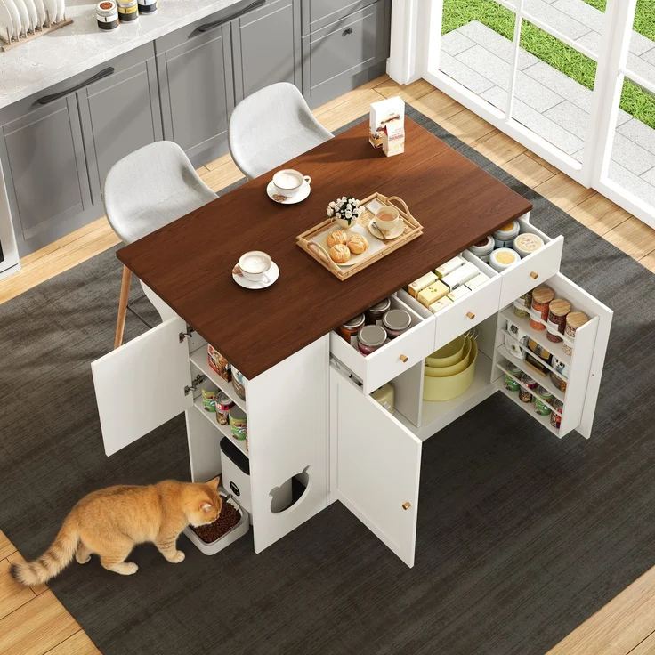 Kücheninsel aus MDF mit ausziehbarer Arbeitsplatte & 3 Schubladen, 120x40/70x90 cm, Weiß/Walnuss – Bild 5