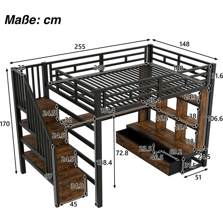 Hochbett mit RGB LED-Streifen, Schreibtisch, Regal, Lattenrost, Treppe und Schubladen, 140x200 cm, Kinderbett mit Rausfallschutz, Metallbett – Bild 4