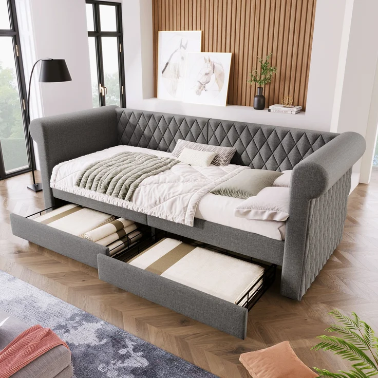 Polsterbett 90x200 cm mit 2 Schubladen – elegantes Schlafsofa in Grau, ohne Matratze – Bild 3