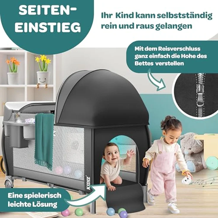 KIDIZ® Babybett Reisebett Kinderreisebett Faltbar mit Matratze 120x60, Seiteneingang, Wickelauflage, Mosktionetz, Spielbogen & Tragetasche Baby Beistellbett Kinderbett ab Geburt bis 15 kg Schwarz – Bild 9