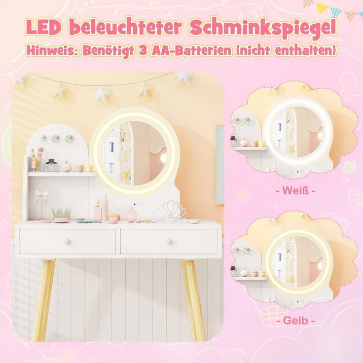 COSTWAY Schminktisch, Kinder Schminktisch mit LED-Beleuchtung, Holz – Bild 3