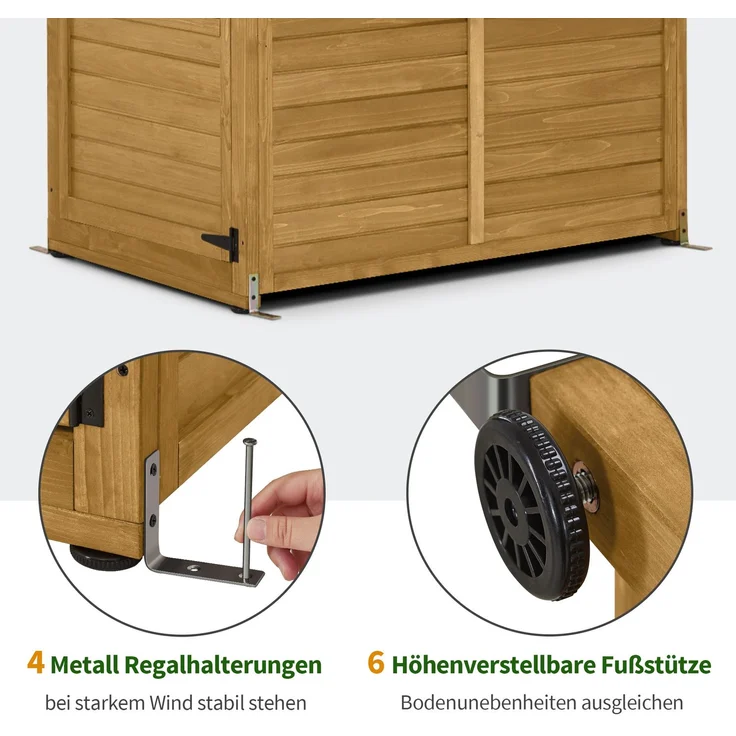 M MCombo Gartenschrank Gartenhaus Holz Wetterfest, Outdoor Schrank Wetterfest, Geräteschuppen Begehbar, für Außenbereich Balkon & Terrasse, Gerätehaus mit 3 feste Regale, 120×86×201 cm, 1753 (Natur) – Bild 6