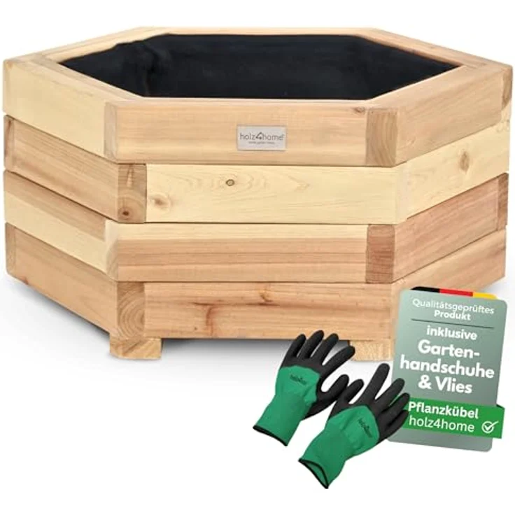holz4home® Pflanzkübel 6-eckig aus Tannenholz I Outdoor Blumenkübel für Garten Balkon, inkl. Gartenhandschuhe & Vlies – Bild 2