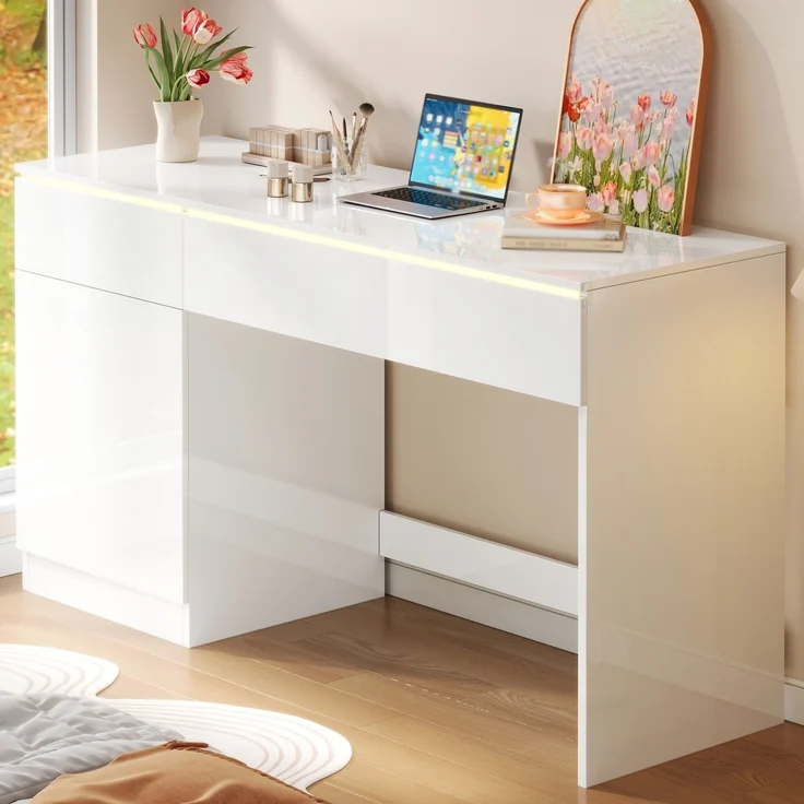 ZUBALIYA Hochglanz Schreibtisch 120 x 50 cm mit LED-Beleuchtung, 2 Schubladen & 1 Tür, großer Computertisch und Schminktisch, Moderner Arbeitsplatz für Homeoffice und Schlafzimmer – Bild 5