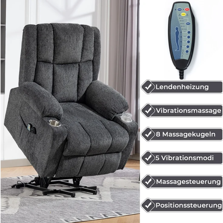 Massagesessel aus Samt mit Aufstehhilfe, Wärme- und Vibrationsfunktion, 91x84x106 cm, Dunkelgrau – Bild 8