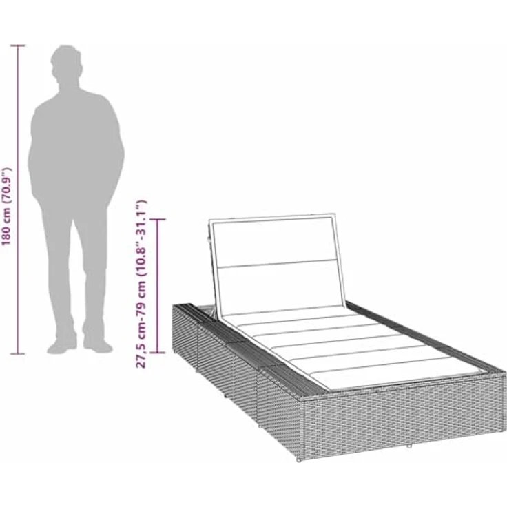 vidaXL Sonnenliege mit schwebender Auflage, Braun, Poly Rattan, verstellbare Rückenlehne, dick gepolsterte Kissen – Bild 3