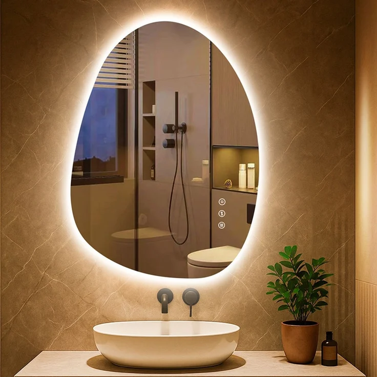 PESENXAN LED Badezimmerspiegel 75x55 cm, asymmetrischer Wandspiegel mit Beleuchtung, 3 Lichtfarben, dimmbar, Anti-Beschlag, Memory-Funktion, energiesparend, horizontal/vertikal montierbar, Weiß