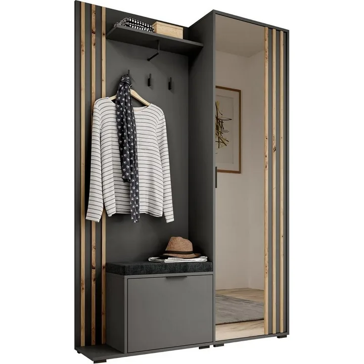 MOEBLO Kompaktgarderobe JOHN (Dielenschrank Wandschrank Regal Diele & Flur Kleiderschrank Schuhschrank, mit Spiegel Flurgarderobe Schrank Kompaktgarderobe), (BxHxT): 135x197x34cm