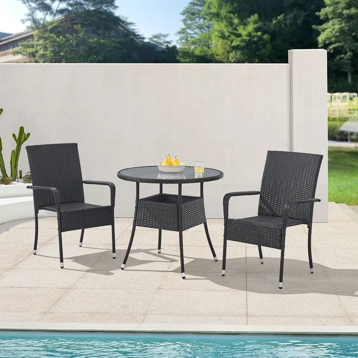 Juskys 'Yoro' Gartentisch mit Glasplatte, Polyrattan schwarz, Ø80cm