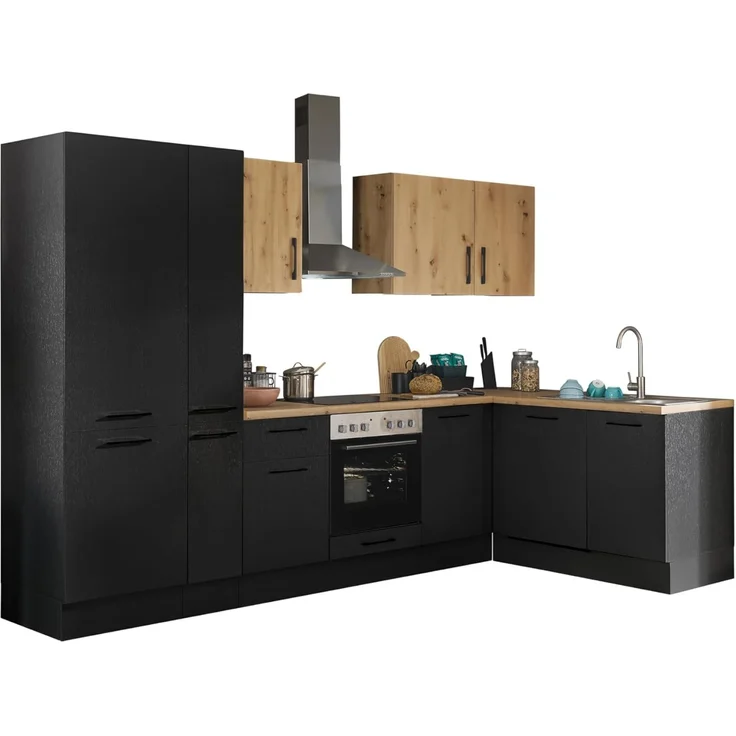 Turin L Eckküche 310 x 211 x 60 cm, schwarz - Ohne Küchengeräte - Moderne, geräumige Küche in Artisan-Eiche Optik mit viel Stauraum – Bild 1