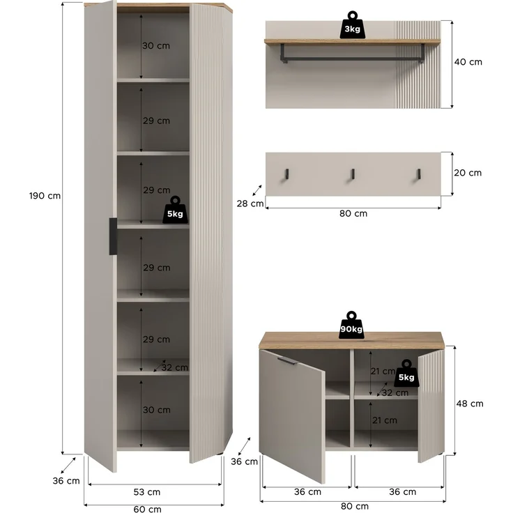 Garderobenkombination (B/H/T: 155x190x36 cm) in Kaschmir Nachbildung und Kaschmir Nachbildung – Bild 4