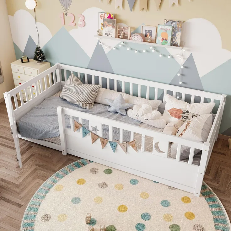 Ball & Cast Bodenbett (90x190 cm), Kids Bed und Jugendbett mit Stern- & Monddekoration, Kinderbett 90x200 mit rausfallschutz, Weiß