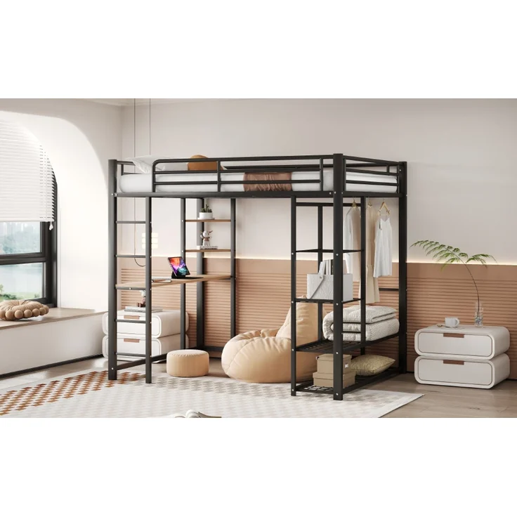 ZUBALIYA Metall-Hochbett mit Leiter 140x200 cm, Juniorbett Doppelbett mit Tisch mit einfachen Kleiderbügeln mit Ablagefächern, Schwarz – Bild 10