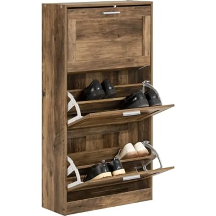 SoBuy Schuhschrank FSR137-BR, Braun, Holzwerkstoff, Schuhkipper mit 3 Klappen, 60x115x23 cm, für Eingangsbereiche