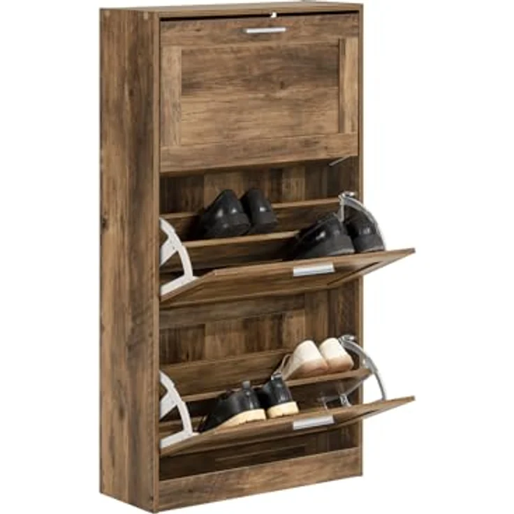SoBuy Schuhschrank FSR137-BR, Braun, Holzwerkstoff, Schuhkipper mit 3 Klappen, 60x115x23 cm, für Eingangsbereiche – Bild 1