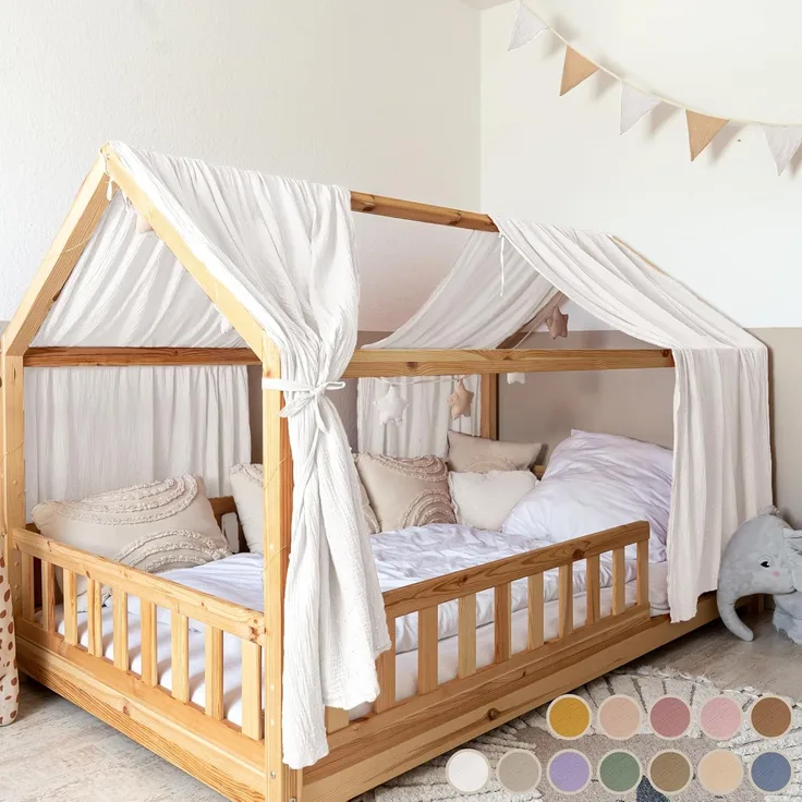 lilimaus Betthimmel Hausbetthimmel Baumwoll Musselin Betthimmel Kinder Hausbett 2er Set, Stilvolle Musselin-Deko für Kinderzimmer, ideal als Geschenkidee