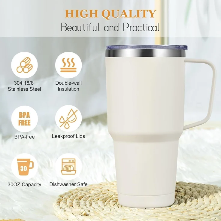 30oz Doppelwandiger Thermobecher Strohhalm Henkel Edelstahl Isoliert – Bild 2
