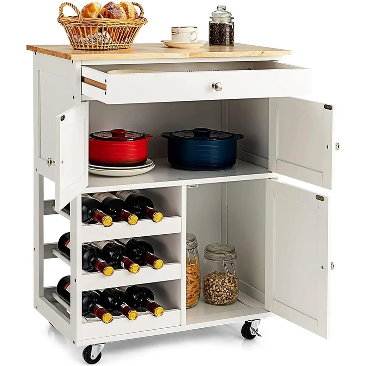 COSTWAY Servierwagen Küchenschrank Küchenwagen Küchentrolley Beistellwagen Küchenregal Rollwagen Weinregal Weinschrank Holz weiss – Bild 9