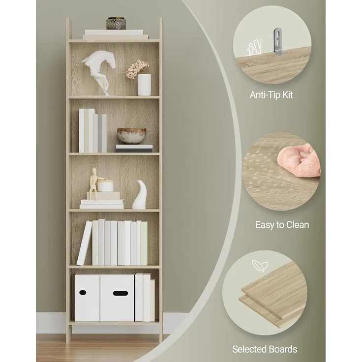 Bücherregal, Regal, Standregal, Büroregal, mit 6 Fächern, offen, für Wohnzimmer, Arbeitszimmer, Büro, als Raumteiler, 24 x 48 x 170 cm, Eichenbeige – Bild 4