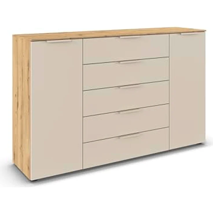 Rauch Möbel Flipp, Kommode für Schlafzimmer, Kinderzimmer, Wohnzimmer, Jugendzimmer, Flur, Garderobe, 2-türig, 5 Schubladen, mit Softclose-Funktion, Farbe Eiche Artisan, Holz/Beige, Breite 160 cm – Bild 2