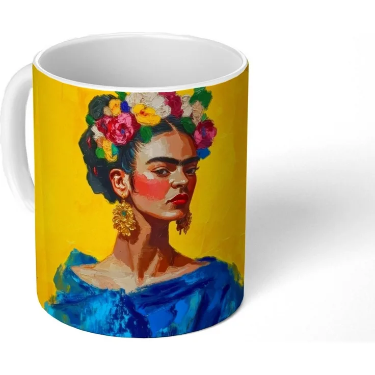 MuchoWow Tasse Frida Kahlo - Frau - Gelb - Blau - Blumen, 1-tlg, Keramik, Kaffeetassen, Teetasse, Becher, Kaffeebecher, Geschenk