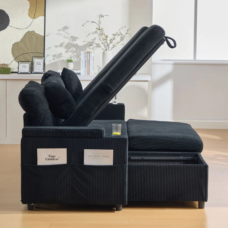 Flieks 4-Sitzer Schlafsofa aus Samt, mit beidseitigen Chaiselongues, Stauraum, Seitentasche, Getränkehaltern und USB-Anschlüssen, Schwarz – Bild 9