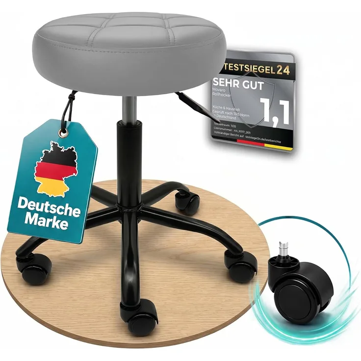 Movaro Rollhocker mit Metall-Basis und leisen Softrollen [Neues Modell] - höhenverstellbar, 360° drehbar, kratzfrei und stabil - ergonomischer Hocker mit Rollen | Arbeitshocker | Bürohocker 44x44x50-63 cm [Grau]