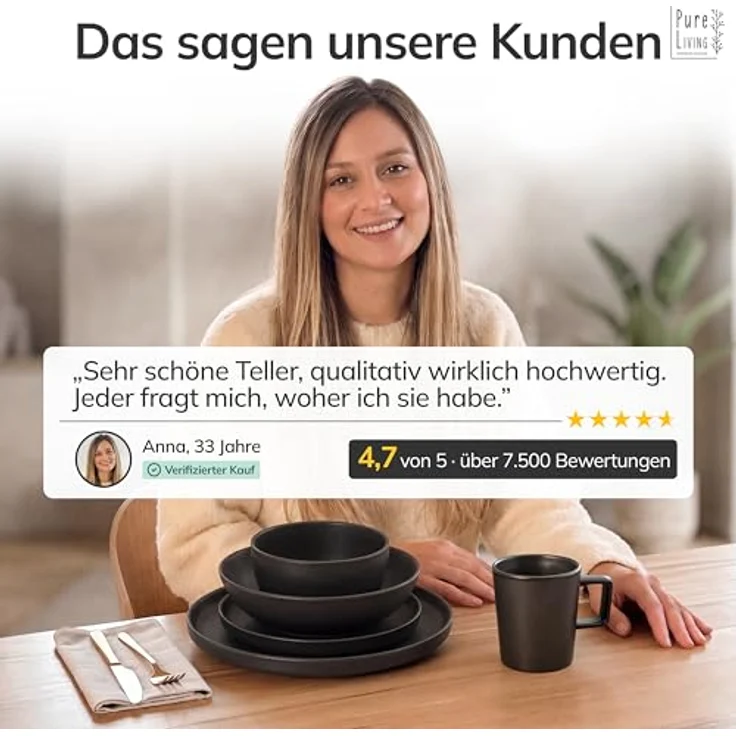 Steingut Geschirrset 12 Pers. Manhattan 36-tlg Hochwertiges Urban Style TEST SEHR GUT Steingut Geschirr Set- Schüssel- und Teller Set- Tafelservice 12 Personen Geschirrsets Pure Living in matt schwarz – Bild 9