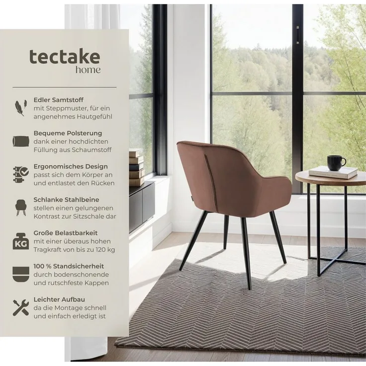 tectake Esszimmerstuhl Stuhl Marilyn, Samtoptik, gesteppt (Set, 2 St), Extra weicher Samtbezug mit stilvollem Steppmuster