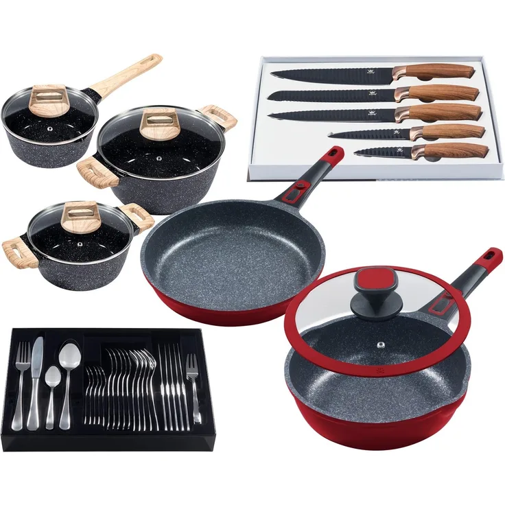 KING Pfannen-Set Moonscape, Aluminiumguss (Set, 11-tlg), Induktion, (Töpfe+Glasdeckel, Pfannen+Deckel,Messer,Besteckset)
