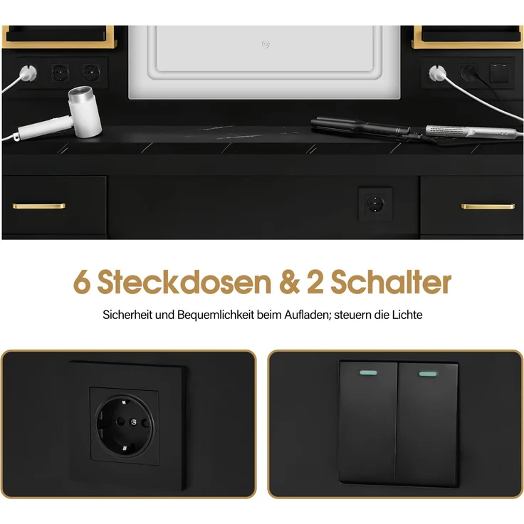 BarberPub Friseurplatz mit 4 Schubladen, Schminktisch mit Spiegel, Bedienungsplatz mit 4 Ablagen & 2 Schränken, Spiegelschrank mit Beleuchtung, Spiegeltisch, Friseureinrichtung, 3187 (Schwarz-Gold) – Bild 5