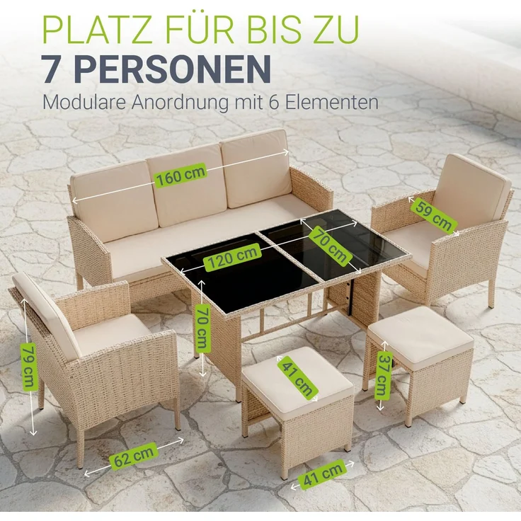 Juskys Polyrattan Gartenmöbel Sitzgruppe Turin Set 6 teilig - 7 Personen - Outdoor Möbel mit Sessel, Hocker, Tisch & Kissen - Loungemöbel Creme / Sand – Bild 4